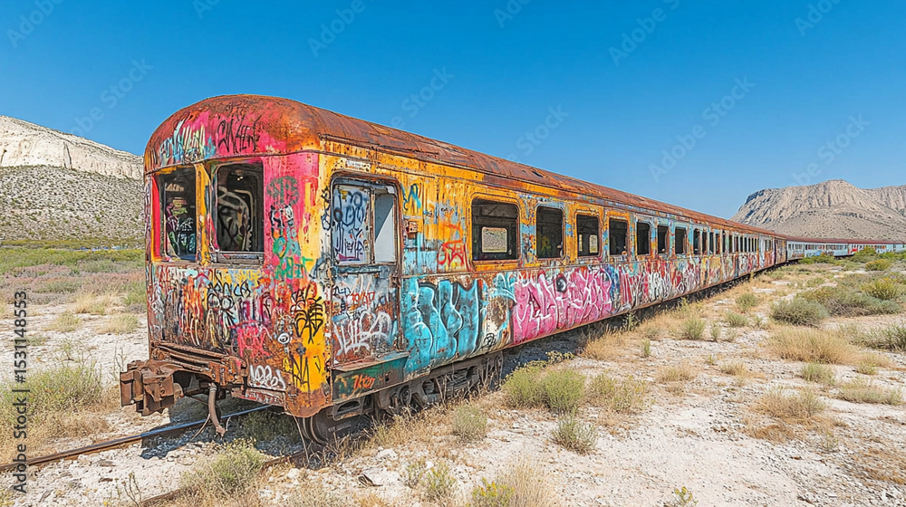 Fototapeta premium Abandoned Graffiti Train Car Desert Landscape