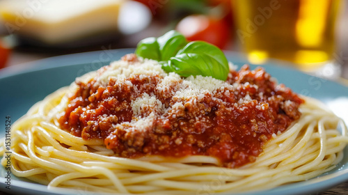 Spaghetti Bolognese served on a white plate, garnished with basil and grated cheese, deliciously inviting