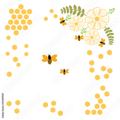 Beehive honey sign with hexagon grid cells, bee cartoons, wild flower and green branch on yellow background vector illustration. EPS 10 .  