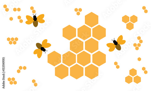 Beehive honey sign with hexagon grid cells, bee cartoons, wild flower and green branch on yellow background vector illustration. EPS 10 .  