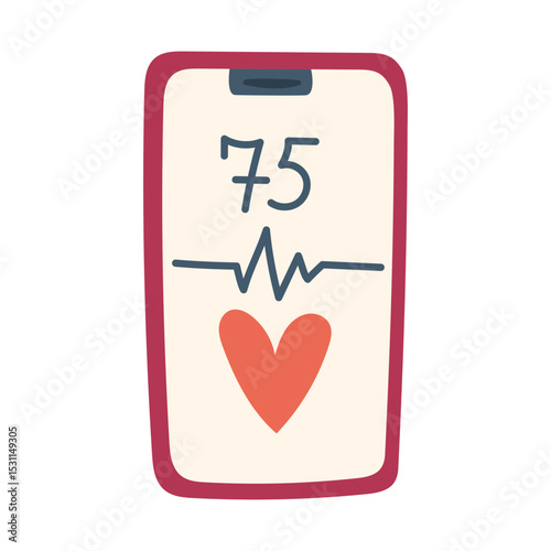 phone with a heart pattern, cardiogram, and the number of beats. The flat color illustration is suitable for medical websites, posters about health, fitness, disease prevention and cardiac activity.