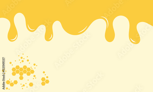 Beehive honey sign with hexagon grid cells, bee cartoons, wild flower and green branch on yellow background vector illustration. EPS 10 .  