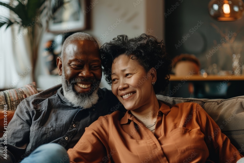 Fototapeta premium Portrait of a jovial mixed race couple in their 40s sitting on the couch relaxing