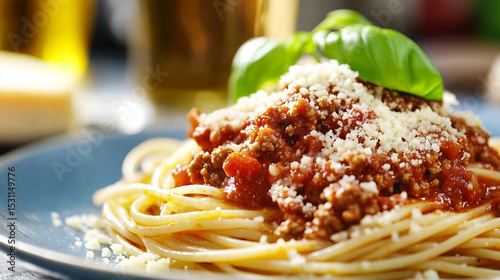 Spaghetti Bolognese served on a white plate, garnished with basil and grated cheese, deliciously inviting