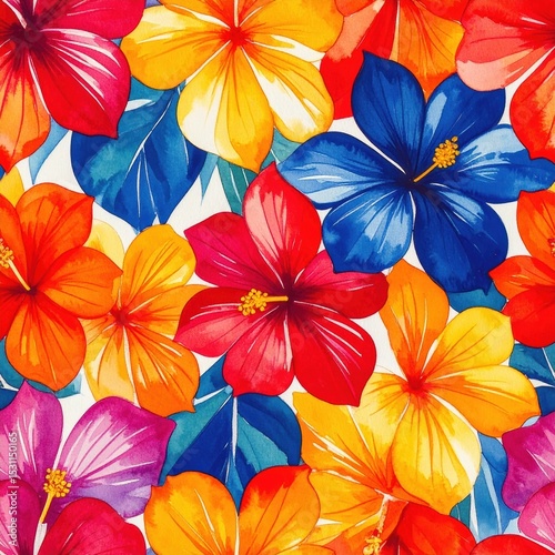 Vibrant tropical hibiscus flower pattern in bold colors