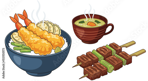 A Culinary Journey Through Japanese Cuisine: Tempura Bowl Skewers and Miso Soup