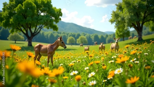 Horses grazing in a vibrant meadow filled with wildflowers during a sunny afternoon in spring