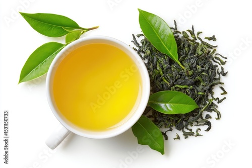 A cup of clear, light yellow-green tea, surrounded by fresh green tea leaves