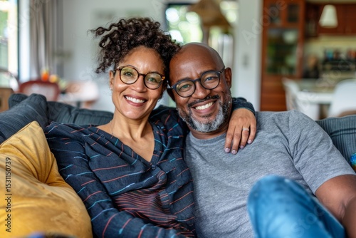 Portrait of a jovial mixed race couple in their 40s sitting on the couch relaxing