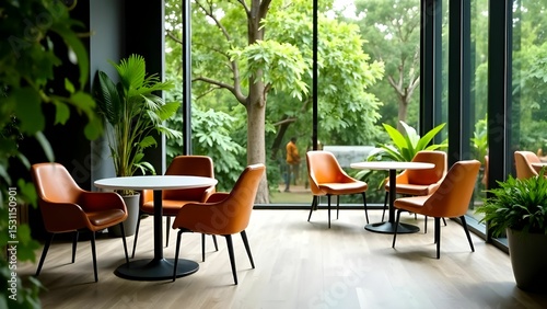 Cozy indoor seating area with contemporary furniture and greenery at a modern cafe in the morning