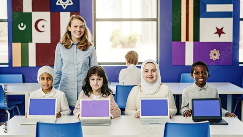 A diverse group of children with their teacher in a classroom, each holding a laptop, showcasing inclusive education and technology use.
