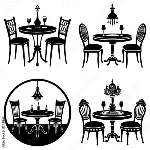 Four different dining table and chair arrangements with various decorations in a black and white style