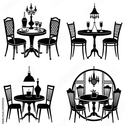 Four dining arrangements with tables chairs glassware and decorative lighting in black and white style