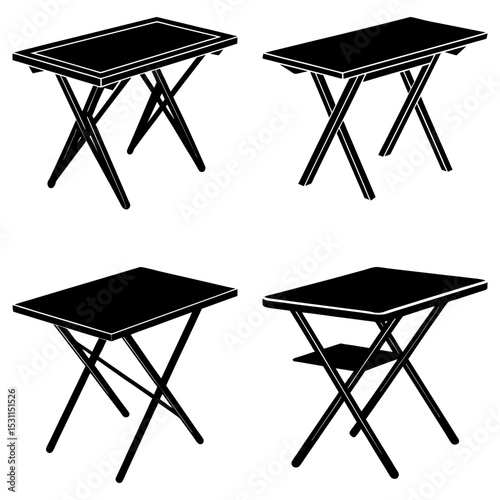 Four black folding tables with x shaped legs in varying perspectives on a white background image design