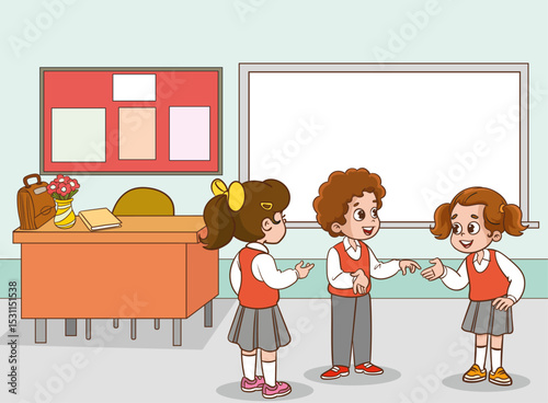 vector illustration of cute group of students talking in classroom