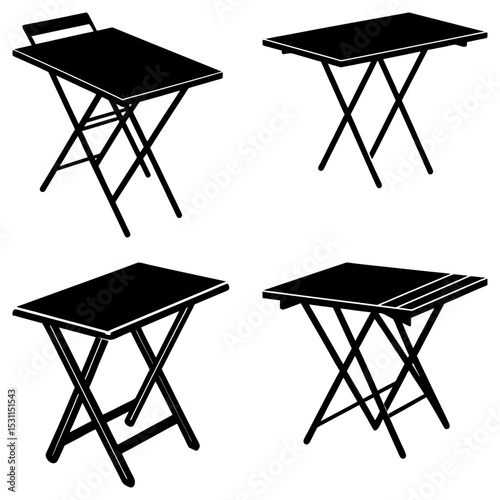Four folding tables in black and white with different styles and configurations shown in a grid pattern