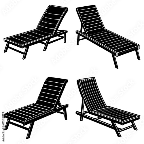 Four black and white lounge chairs in different angles on a white background in vector format