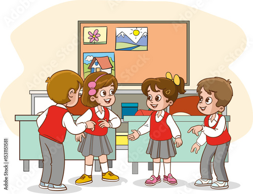 vector illustration of cute group of students talking in classroom