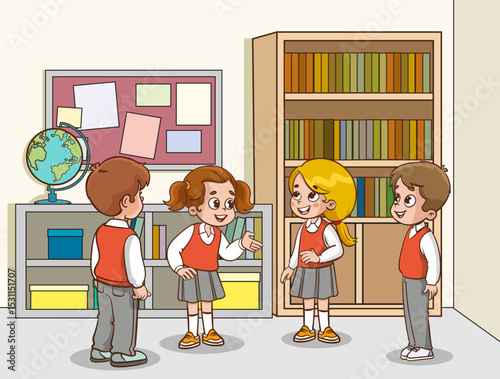 vector illustration of cute group of students talking in classroom