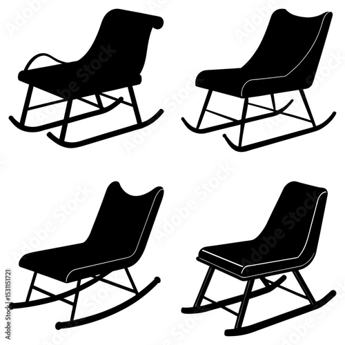 Silhouette illustration showcasing four different rocking chairs on a white background design art