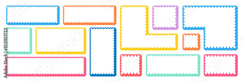 Frames Scalloped Vector Corrugated Bento Grid Shapes Set. Scallop Frame Wavy Retro Stickers Collection. Zig Zag Edge Geometric Borders Tag Boxes. Wiggle Line Design Sign Background. Isolated