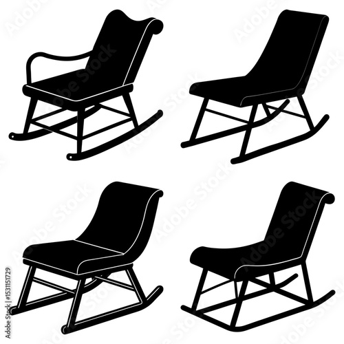 Four rocking chair silhouettes in black showing different styles and designs of furniture pieces