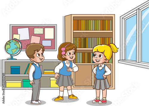 vector illustration of cute group of students talking in classroom