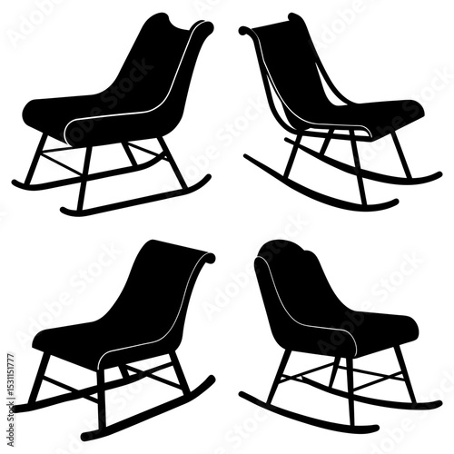 Four rocking chairs in black silhouette arranged symmetrically on a white background design element