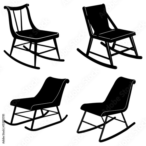 Four rocking chairs in black silhouette with different designs and backrest styles on white background