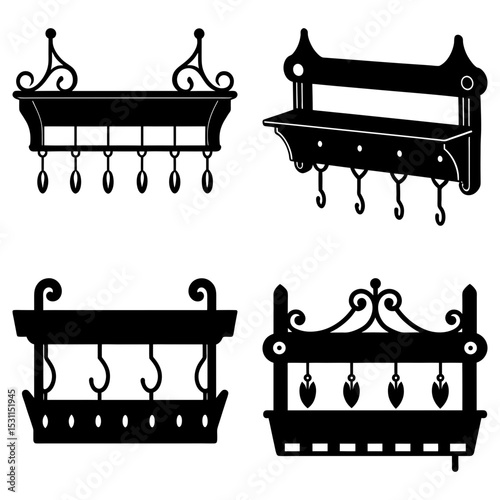 Four decorative black silhouette wall shelves with hooks in varying designs and ornate details shown