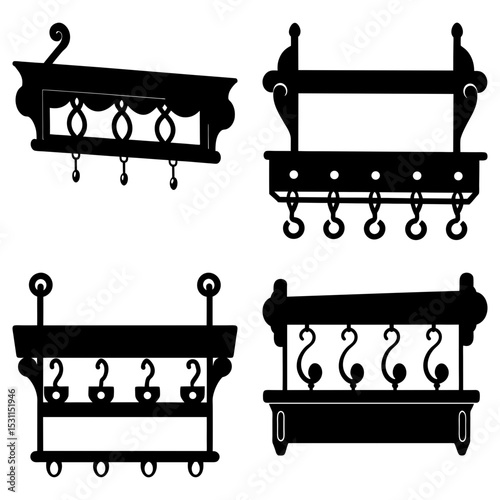 Silhouette of four different styles of kitchen racks with hooks in a black and white vector image