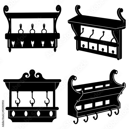 Illustration of four vintage style coat racks with decorative elements and hanging hooks in black silhouette