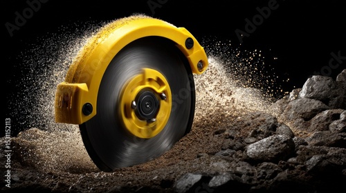 A yellow circular saw cutting through rocky ground with dust and debris flying around photo