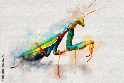 Artistic watercolor of a praying mantis, loose brushstrokes