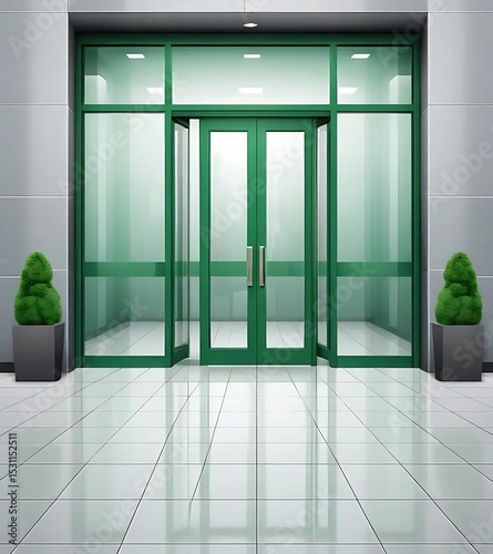 Modern building entrance with glass doors and symmetrical plant displays