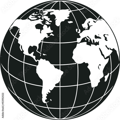 
A minimalist black and white globe illustration showcasing various continents and a grid of latitude and longitude lines