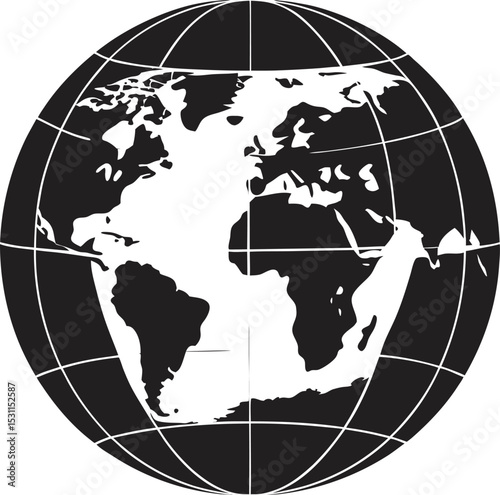 
A minimalist black and white globe illustration showcasing various continents and a grid of latitude and longitude lines