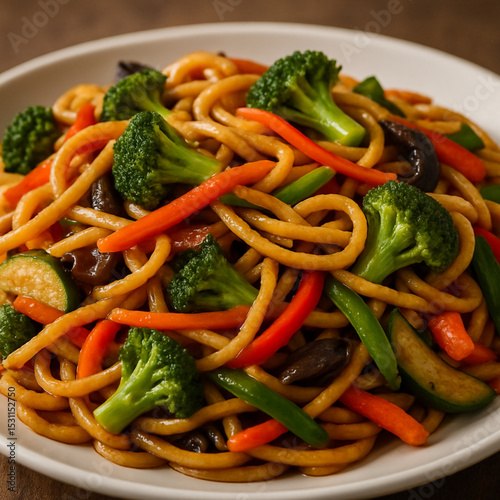 Savory Noodles with Vegetables: A delectable plate showcases a symphony of flavors with al dente noodles intertwined with vibrant vegetables, a visual feast ready to be savored.