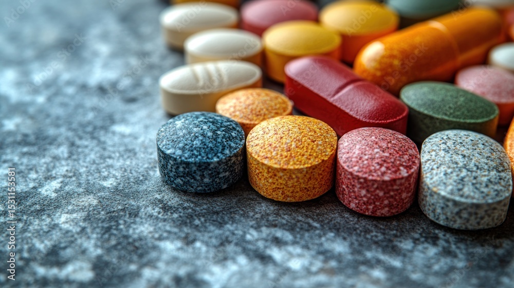 Colorful pills and tablets scattered on a dark surface. Colorful pills and tablets scattered on a dark surface.
