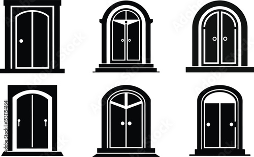 Vintage architectural details: a set of four wooden doors and arched windows on an old stone building's facade, with intricate glass and frame decorations