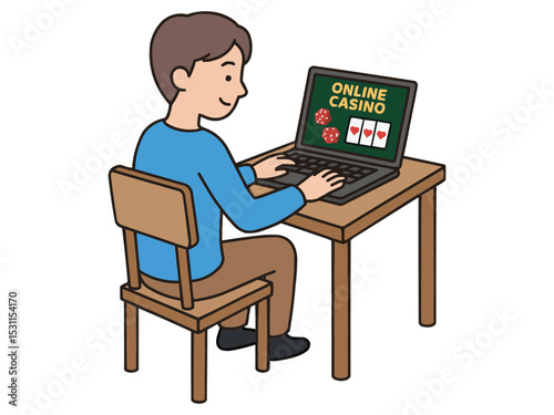 若い男性がオンラインカジノに興じているイラスト