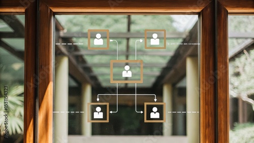 A network diagram with people icons is displayed on a glass window overlooking an outdoor courtyard with wooden frames and greenery.