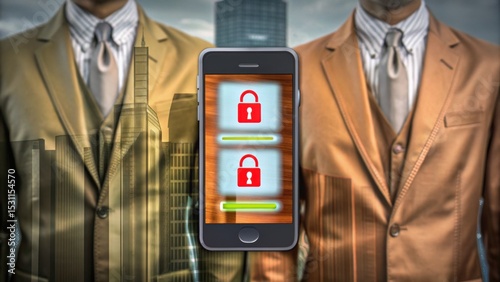 Two businessmen stand with city skyscrapers overlayed, holding a smartphone displaying security lock icons, symbolizing cybersecurity and business protection.