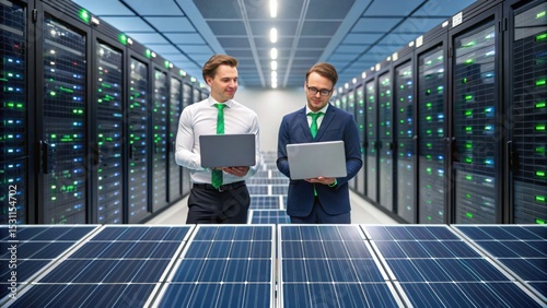 Two businessmen with laptops stand in a server room behind solar panels, symbolizing renewable energy in technology infrastructure.
