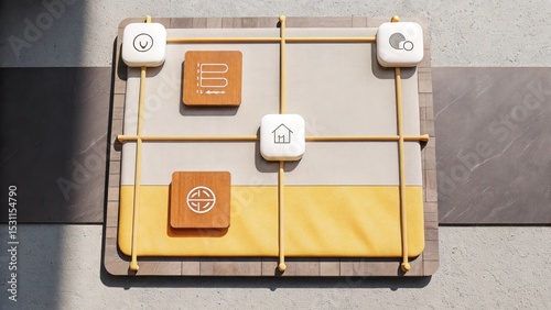 A modern wall-mounted game board features a minimalist design with four game pieces connected by yellow lines on a gray and yellow panel.