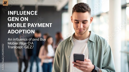 Young man using smartphone indoors, with blurred people in background and text about mobile payment adoption and influence.