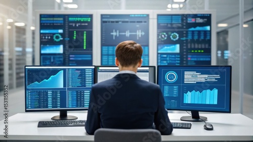 A person in a suit monitors multiple data-driven dashboards on several screens in a high-tech control room or office environment.