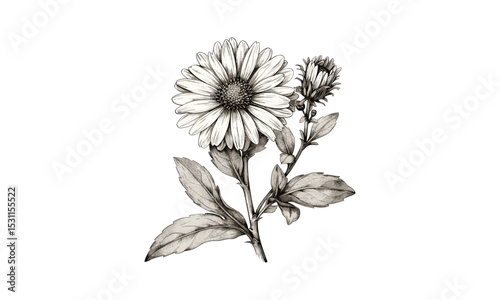 Bessarabicus Aster Amellus Flower Illustration, botanical vector, wildflower illustrations, Aster flowers, botanical print, nature art, floral vector, AdobeStock floral design.