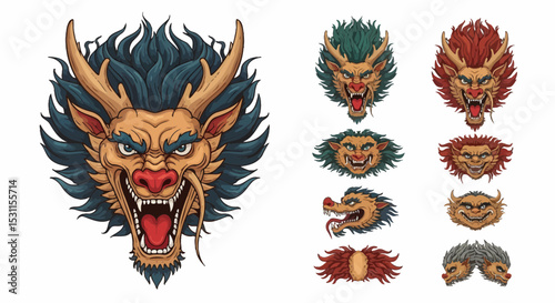 Intricate Dragon Head Designs: Vector Illustrations in Multiple Color Variations