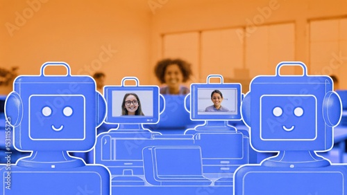 Two people participate in a video call with four illustrated friendly robots in a bright office setting.